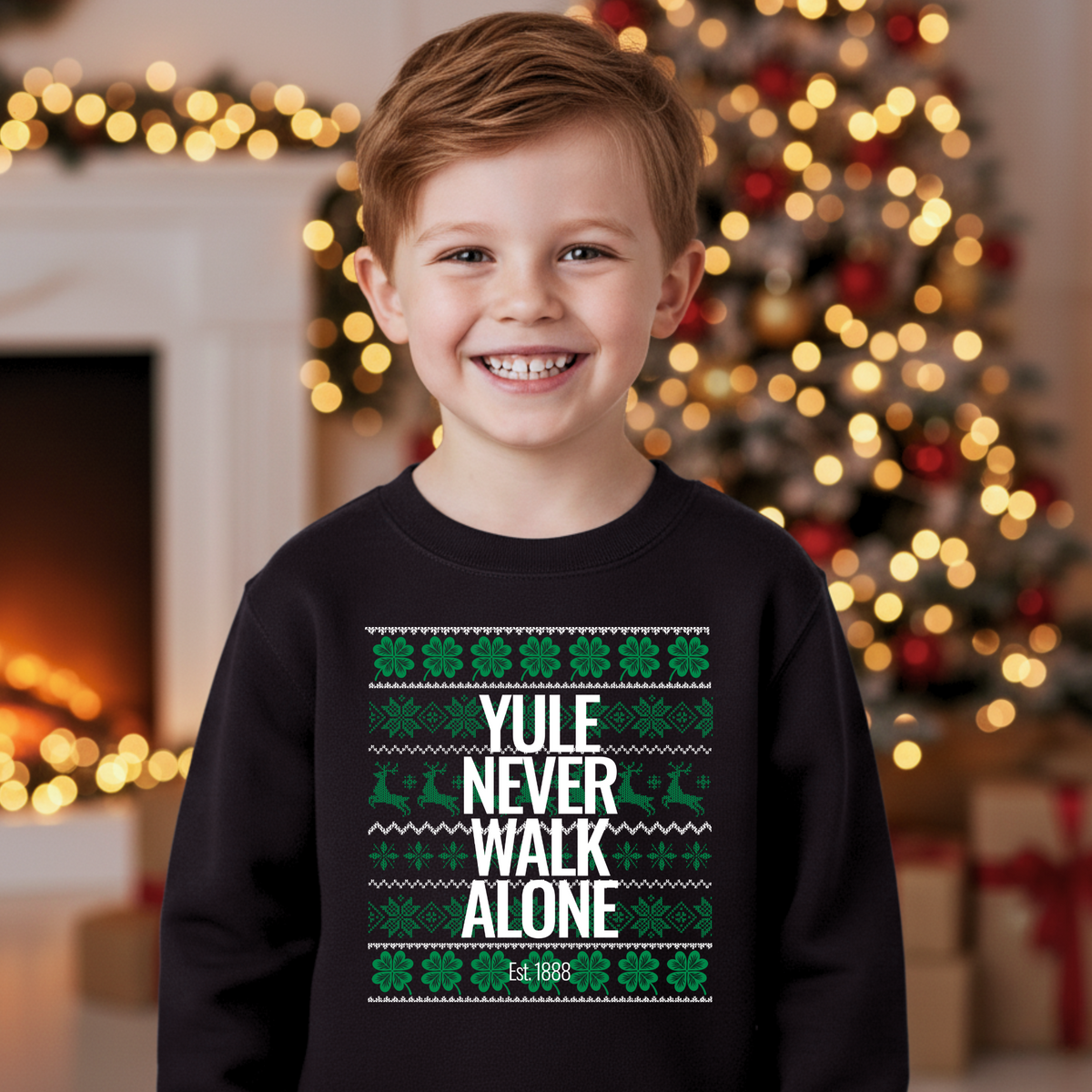 YULE NEVER WALK ALONE kids black Christmas sweatshirt mockup