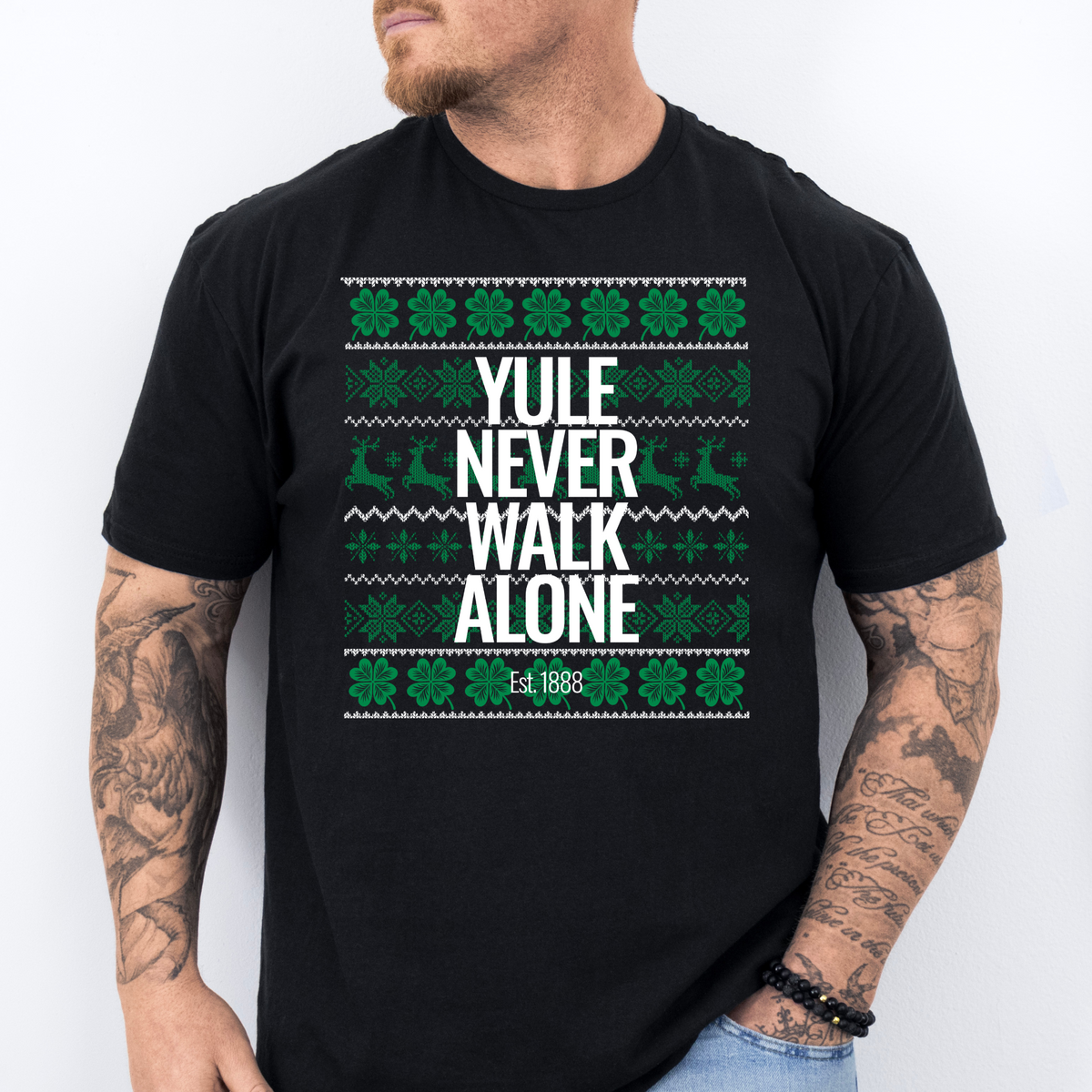 YULE NEVER WALK ALONE male black T-shirt mockup